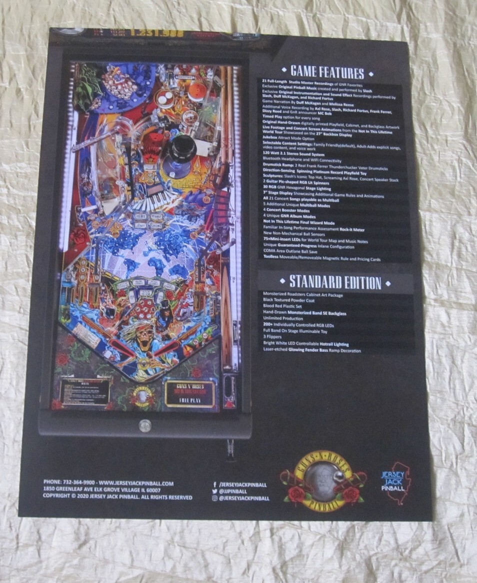 2020 JERSEY JACK GUNS & ROSES SE PINBALL FLYER | eBay