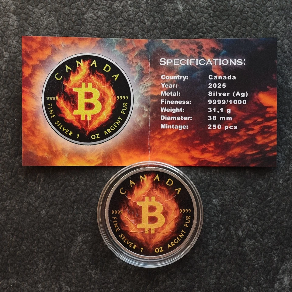 2025 1OZ Silver Canada Maple Leaf Burning Bitcoin Crypto Etui Certif ONLY 250pc3 - Image 2 of 4