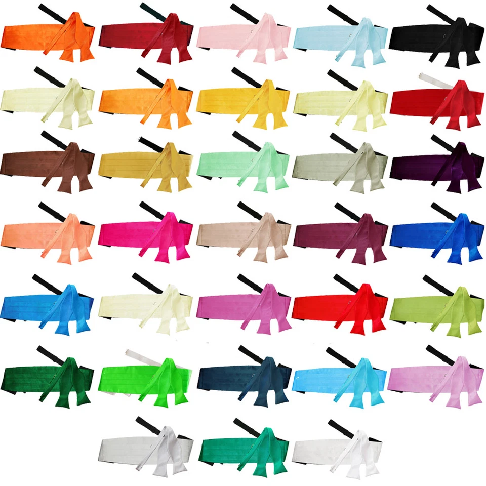 Mens Self Tie Bow Tie Cummerbund Set Satin Plain Solid Free Pocket Square by DQT