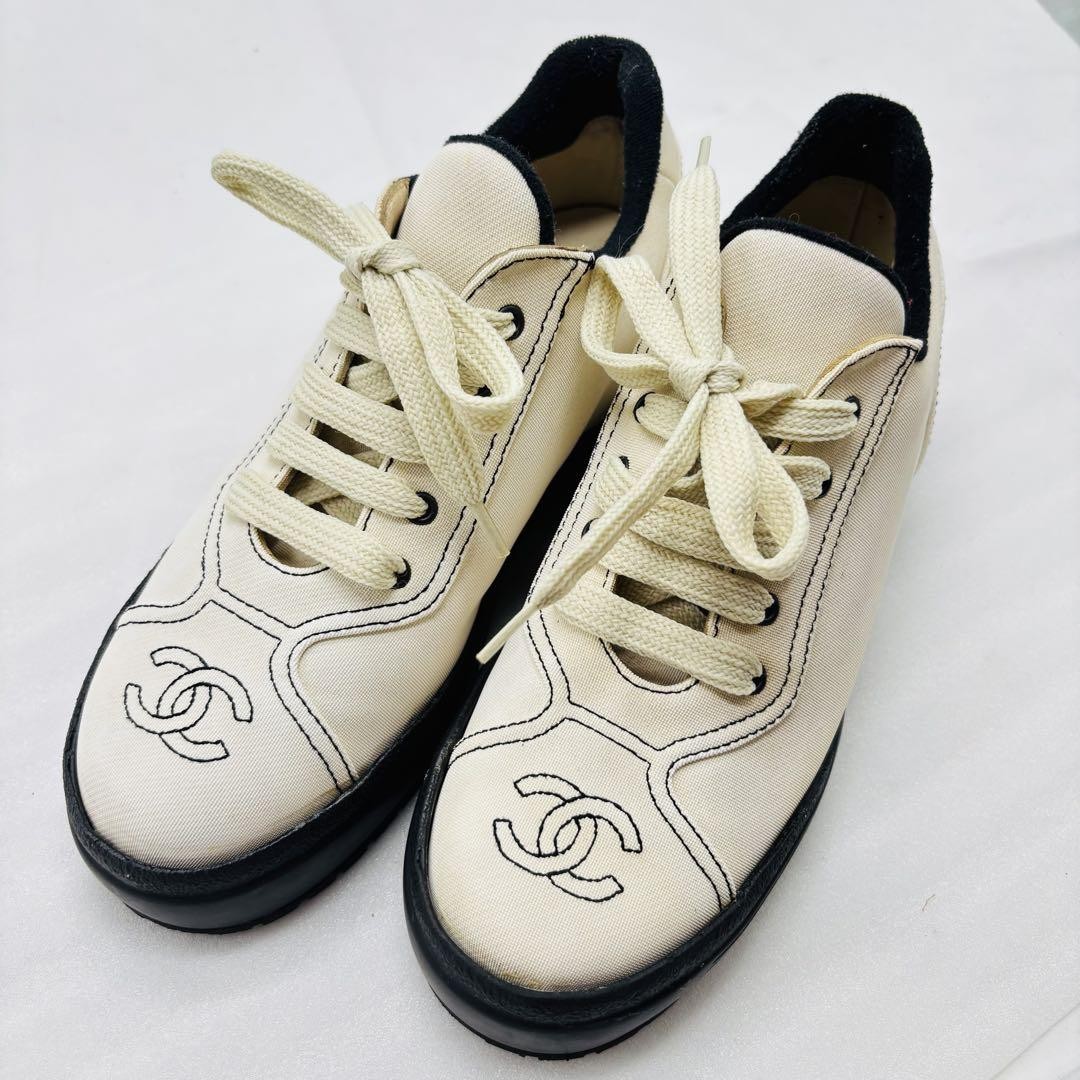 CHANEL Sneaker Shoes Women Size 37 COCO MARK canvas Rare Genuine