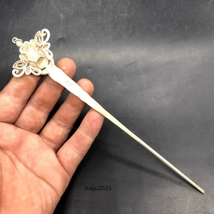 Horquilla de plata tibetana antigua con incrustaciones de jade blanco, hecha artesanal china antigua Foto 2 de 4