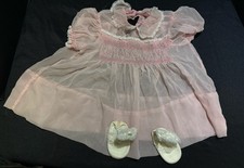 Vintage Handmade Smocked Pink Organza Baby Dress  Booties 6-12 Months 1960  s