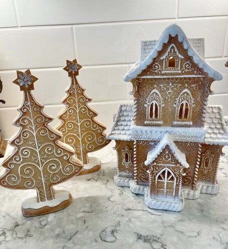 Cupcakes And Cashmere Gingerbread House Two Story + 2 Trees, Snow Frosting