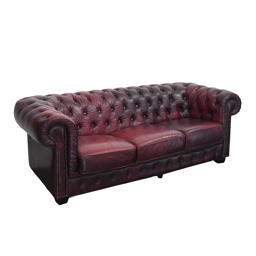 3 Seater Sofa English Chesterfield Design Wine Red Real Leather W:220cm -11882
