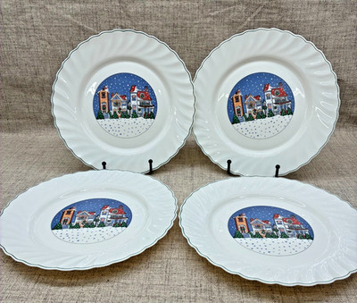 Arcopal Holiday Village DINNER PLATES Opal Glass 10.5'' Scalloped Set of 4