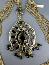 Enamel Pendant Necklace Black Gold Tone Multi Chain Signed Daisy Fuentes 32  