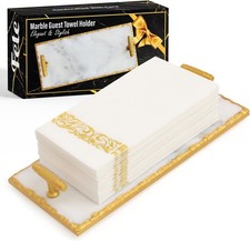Guest Towel Holder Tray for Bathroom - Premium Marble Tray With Gold Rim