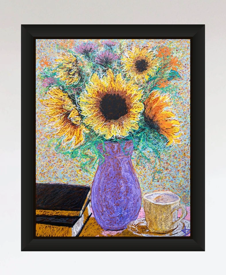Sunflower Still Life 11x14 Framed Original Oil Painting on Acrylic Glass Monet - Image 2 of 3