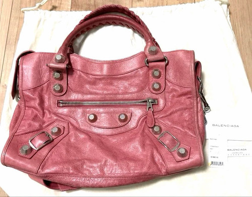 BALENCIAGA Giant City 2Way Handbag Pink Silver Studs Leather Mirror Bag