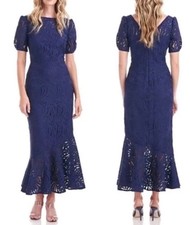 Kay Unger Zoey Navy Blue Lace Dress Gown Midi Tea Length New Size 16