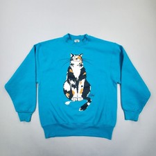 Vtg 80s 90s Cat OLDLAND Front Back Mock Neck Sweatshirt Sz M Made In USA