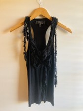 Narciso Rodriguez Designer Tank Top M Ribbed Knit Boa Chiffon String Ties Black
