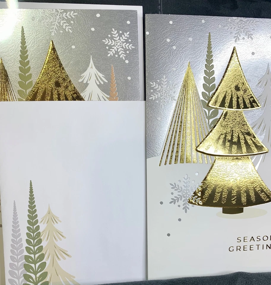 ¡Juego de 2! Tarjetas de Navidad! ¡Impresionante árbol dorado grande en madera plateada! Foto 3 de 4