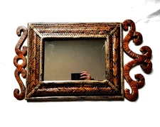 Bamboo Weave Stained Wicker Hanging Accent Wall Mirror Boho Regency 29" x 18"