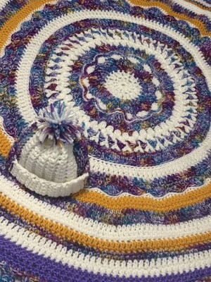 Handmade Crochet Multicolor Acrylic Crib Blanket & Matching Hat Set
