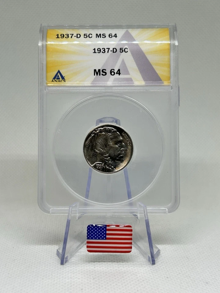 1937-D Buffalo Nickel 5c Coin PCGS MS64 ANACS Certified Brilliant ✨💯🇺🇸 - Image 2 of 3