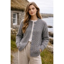 Vintage Aran Crafts Irish Fisherman Wool Cable Knit Cardigan Sweater Gray S