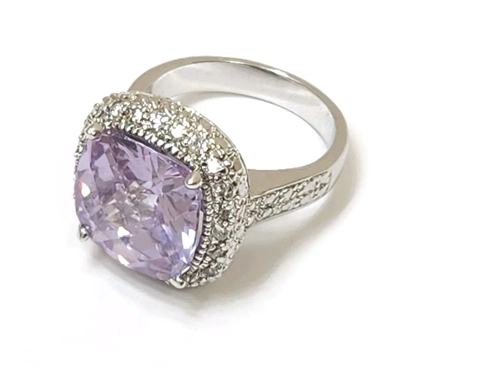 NUEVO ANILLO DE CÓCTEL ORO BLANCO 18K HGE SIMULADO AMATISTA PÚRPURA CORTE COJÍN 5.5 Foto 2 de 4