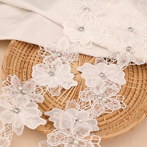 Organza Flower Trim 2 Yards 3D Pearl Beads Flower Lace Trim Embroidered - Picture 1 of 5