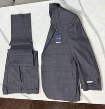 Jos. A. Bank 42L 36W Wool Blend Suit Pants Jacket, Grey with Blue Windowpane