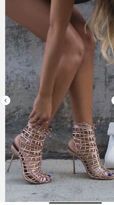 Sophia Webster Delphine Leather Gold /Caged Tie Lace Up Booties Heels 39