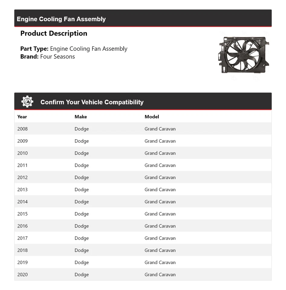 For 2008-2020 Dodge Grand Caravan Engine Cooling Fan Assembly 4 Seasons 2009 - Image 2 of 4