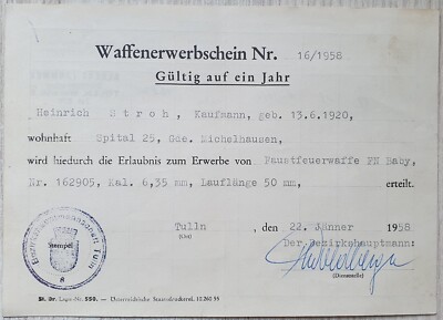 Waffenschein Pistole FN Baby Browning - BH Tulln NÖ 1958 Waffenpass Michelhausen