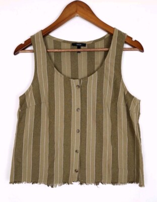 Drew 2-Tone Green Vertical Striped Button-Up Raw Fringe Hem Tank Top Size Small