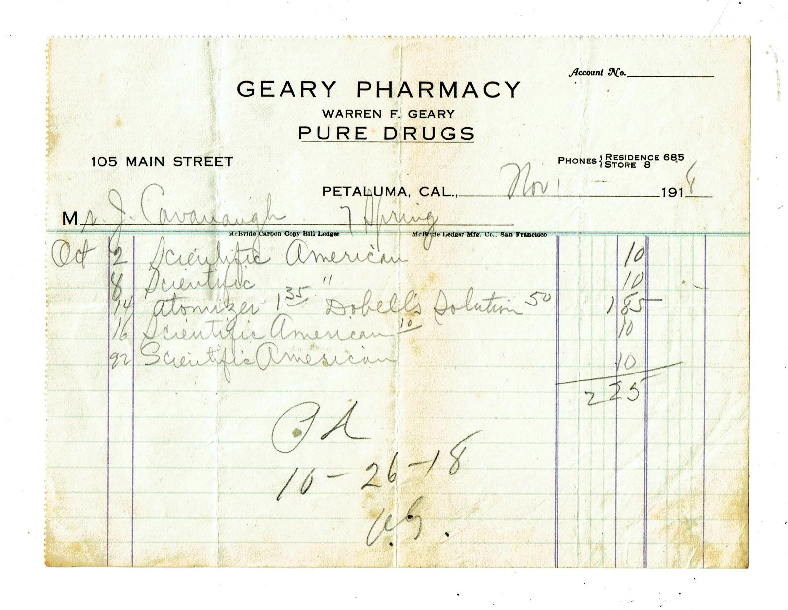 ORIGINAL RARE 1918 RECEIPT + GEARY PHARMACY PURE DRUGS + PETALUMA CA eBay