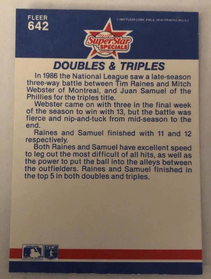1987 Fleer Superstar Specials Juan Samuel & Tim Raines #642 High-Grade O/C - Image 2 of 2