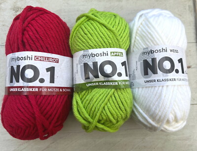 3 x 50g MyBoshi No 1, Mützengarn Schnellstrickgarn Farbmix Chillirot,Apfel,Weiss