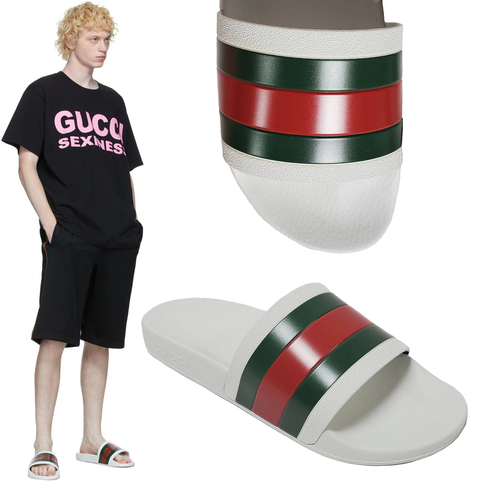 CHAUSSURES GUCCI HOMMES POURSUITE SANDALE BLANCHE CAOUTCHOUC SLIDE avec DÉTAIL WEB taille 9G 9,5 US