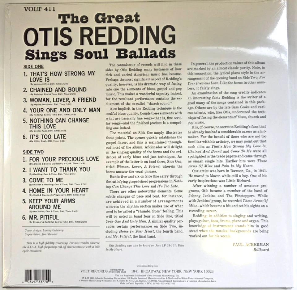 Otis Redding – The Great Otis Redding Sings Soul Ballads LP Album vinyl record - Image 2 of 4