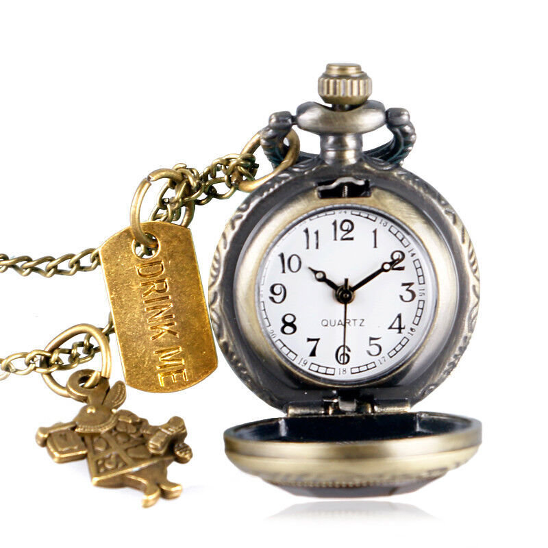Vintage Small Size Pocket Watch Drink Me Tag Men Women Quartz Timepiece Chain - Foto 12
