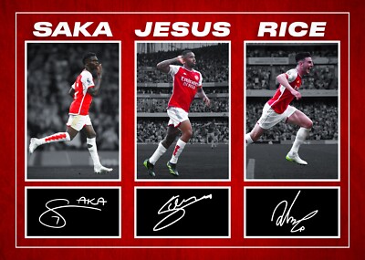 Saka, Jesus & Rice Arsenal Signed Pre-Print A4 Montage PHOTO Gift