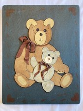 3D Layered Wood Art Teddy Bears Country Signed Hand-Made Wall Decor 14" x 11"