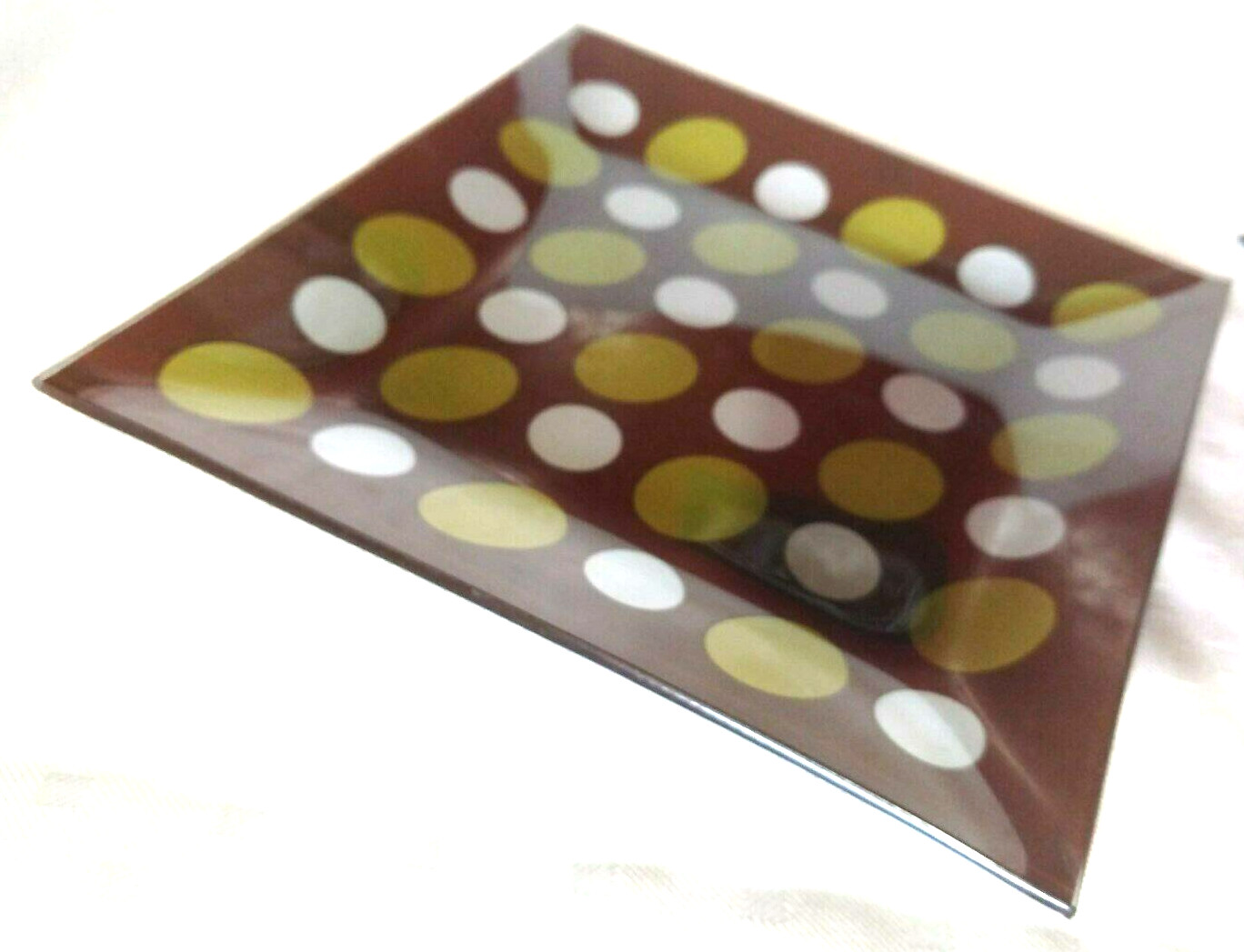 2 Ashtrays Ash Trays VTG Glass Square Polka Dot MCM 1960's 70's Mod Olive Plates