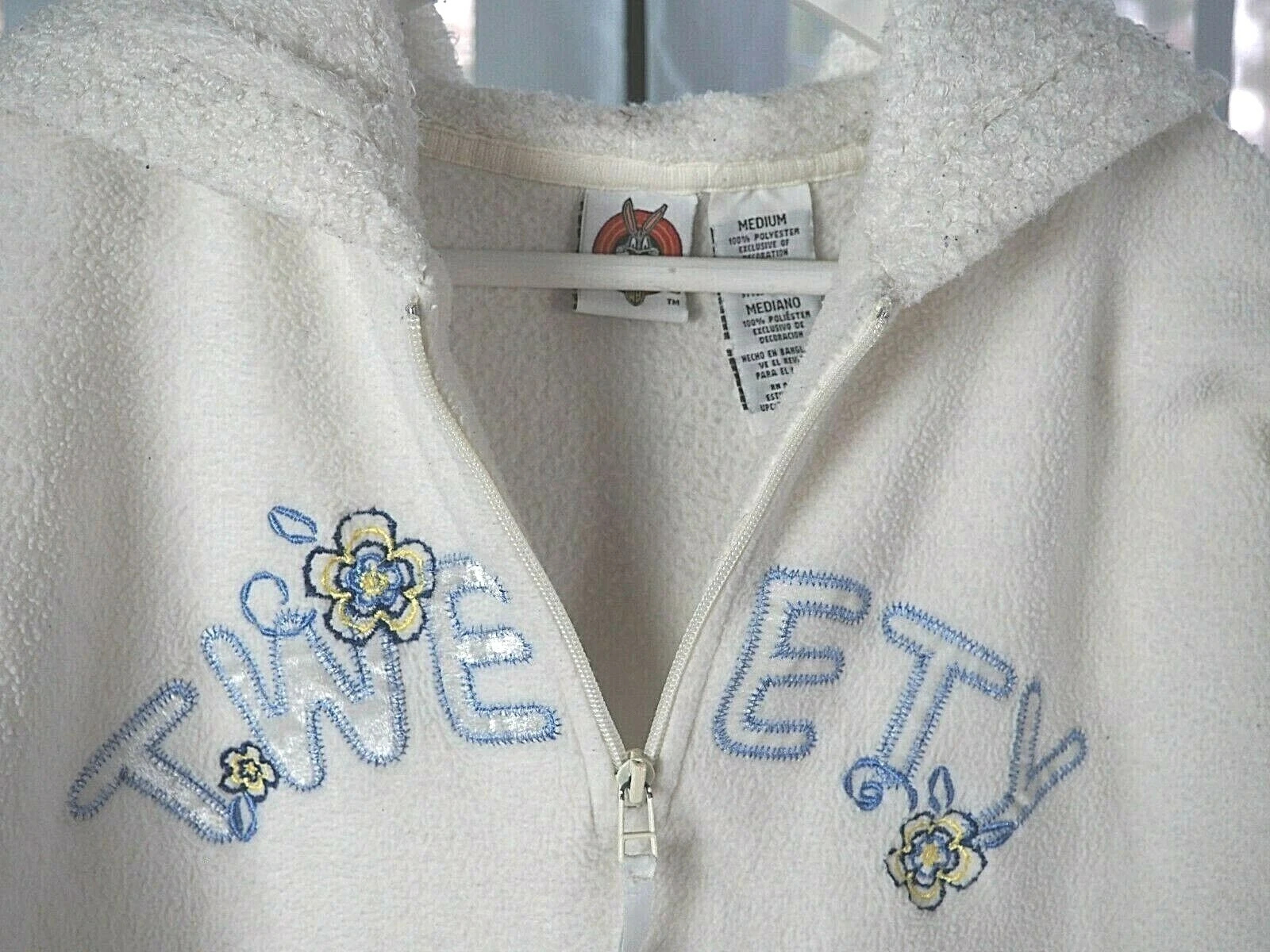 OFF WHITE Felpa con cappuccio vintage anni 90 Y2K Looney Toons Tweety Bird Warner Bros avorio ricamo pile M