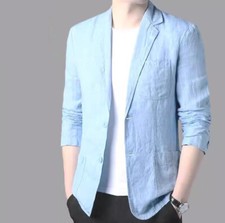 New Men Cotton Linen Suit Jacket Thin Solid Blazer Summer Two Button Casual Coat