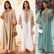 Women Muslim Embroidery Long Dress Dubai Kaftan Abaya Islamic Robe Ramadan Gown