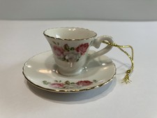 Vtg Tea Cup And Saucer Miniature Ornament roses Design With Gold Trim Gift