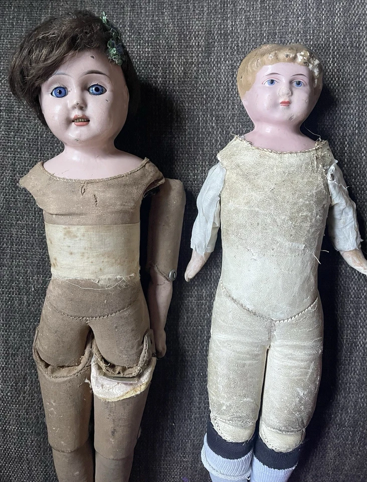 Lote de 2 muñecas antiguas cabeza de hojalata Minerva juego de 2 vintage Foto 2 de 4