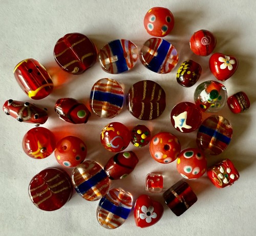 31 Vintage Ethnic RED Lampwork Beads DESTASH Boho DIY Fun! 7mm - 18mm