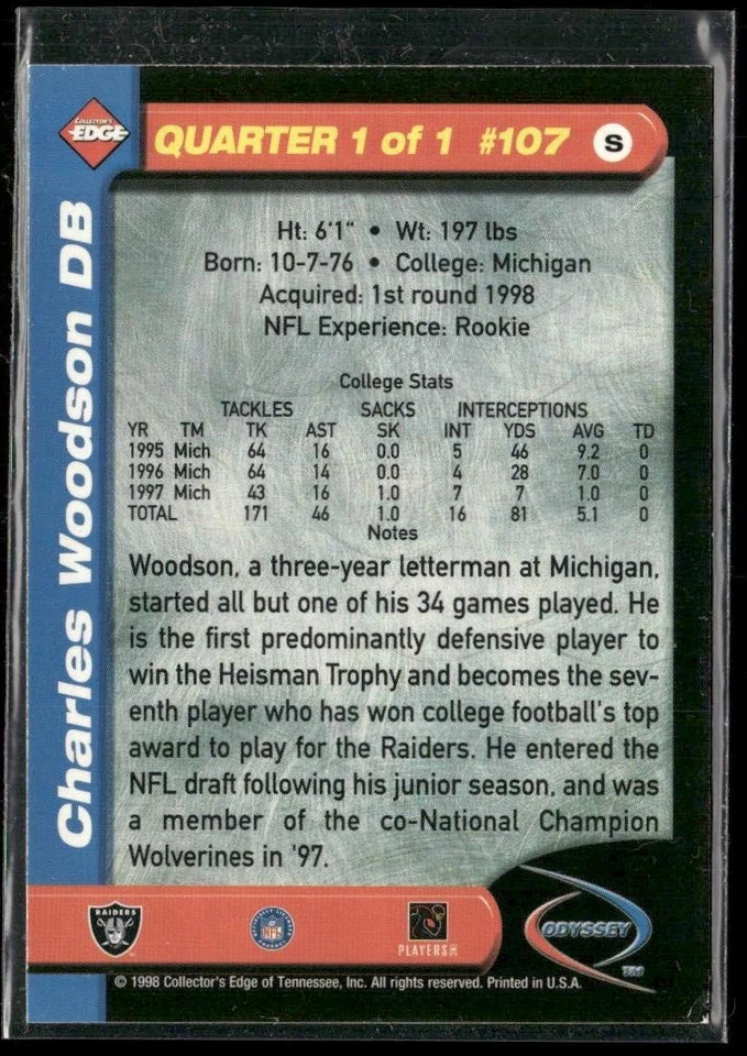 1998 Collector's Edge Odyssey Charles Woodson RC #107 Oakland Raiders - Image 2 of 2