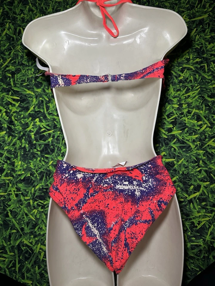 Nuevo sin etiquetas Conjunto de Bikini Cítrico Vintage Años 90 Talla Grande Corte Alto Neón Salpicaduras Top con Aros Foto 4 de 4