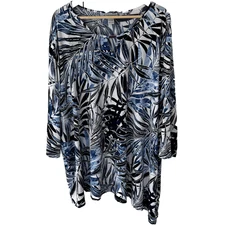 Catherines Top Size 4x Blue Print Metal Embellishment Asymmetric Hem Keyhole