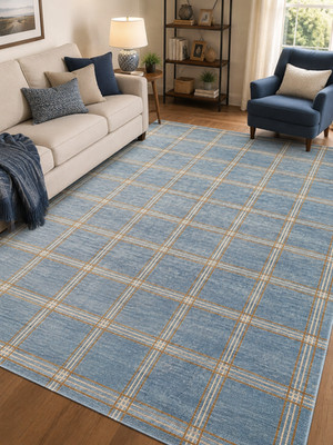 Premium Oushak Turkish Area Rug Concord Blue Plaid Hand-Knotted Wool Rug