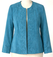 Dressbarn Blazer Womens 2X Suede-Look Aqua Embroidered Lined Boho Chic