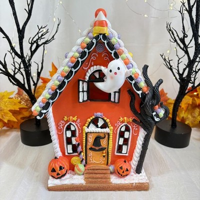 GHOULISH Halloween ORANGE LED Light Up Frosted Candy Ghost Gingerbread House 12''