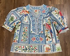Farm Rio Tropical Tiles Floral Parrot Blouse Puff Sleeve Small